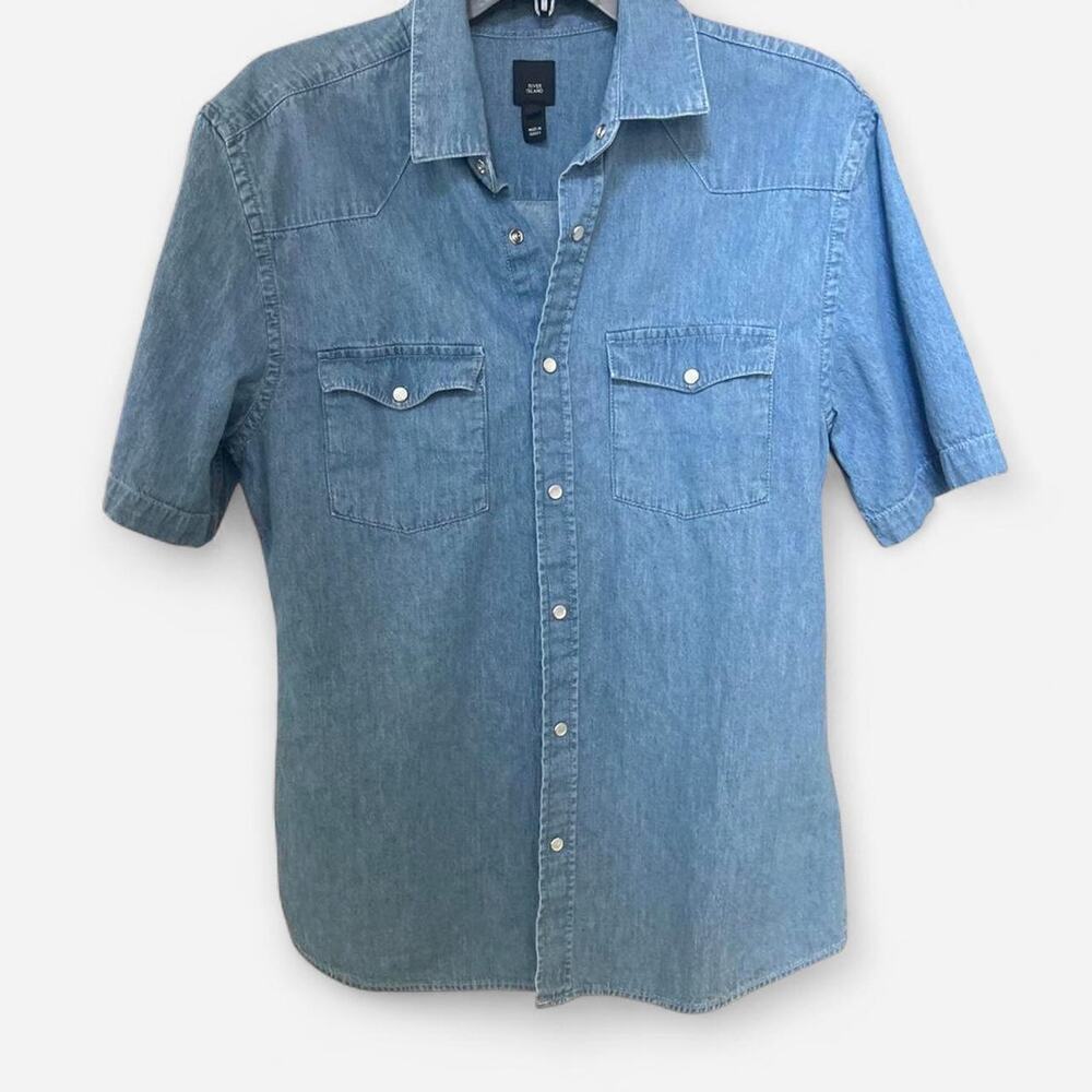 River Island Men’s Blue Denim Short-Sleeve Shirt – Size Medium